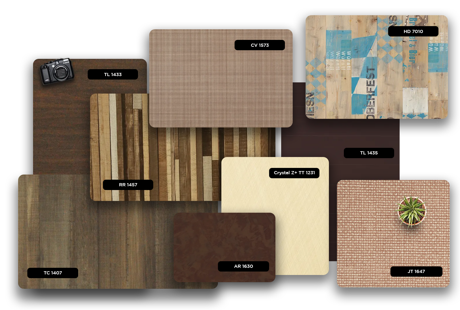 Brown wood grain laminate samples with various textures and patterns, showcasing different finishes and designs for interior