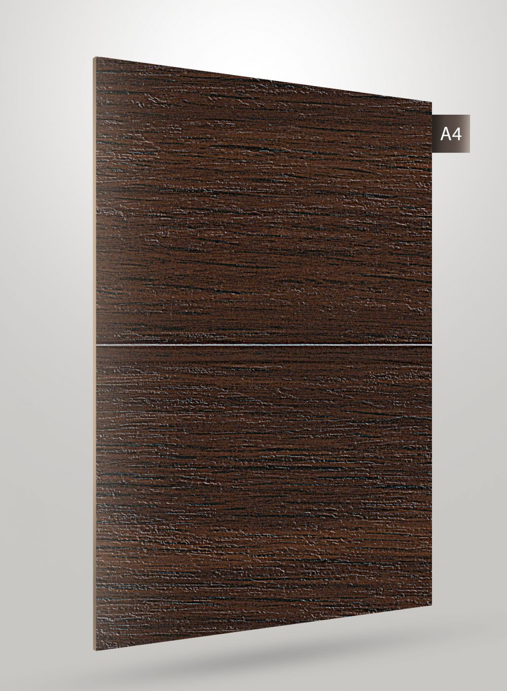 Brown wood grain decorative laminate with matte finish and textured surface, showing wood pattern and grain details.
