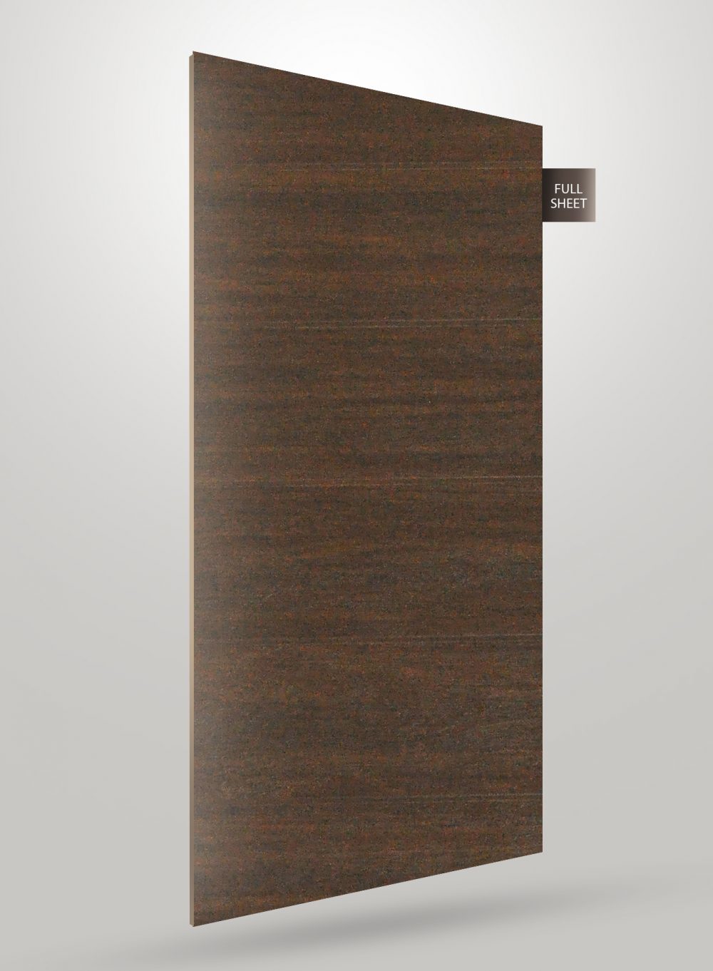 Brown wood grain decorative laminate with matte finish and visible texture, displayed as a full sheet.