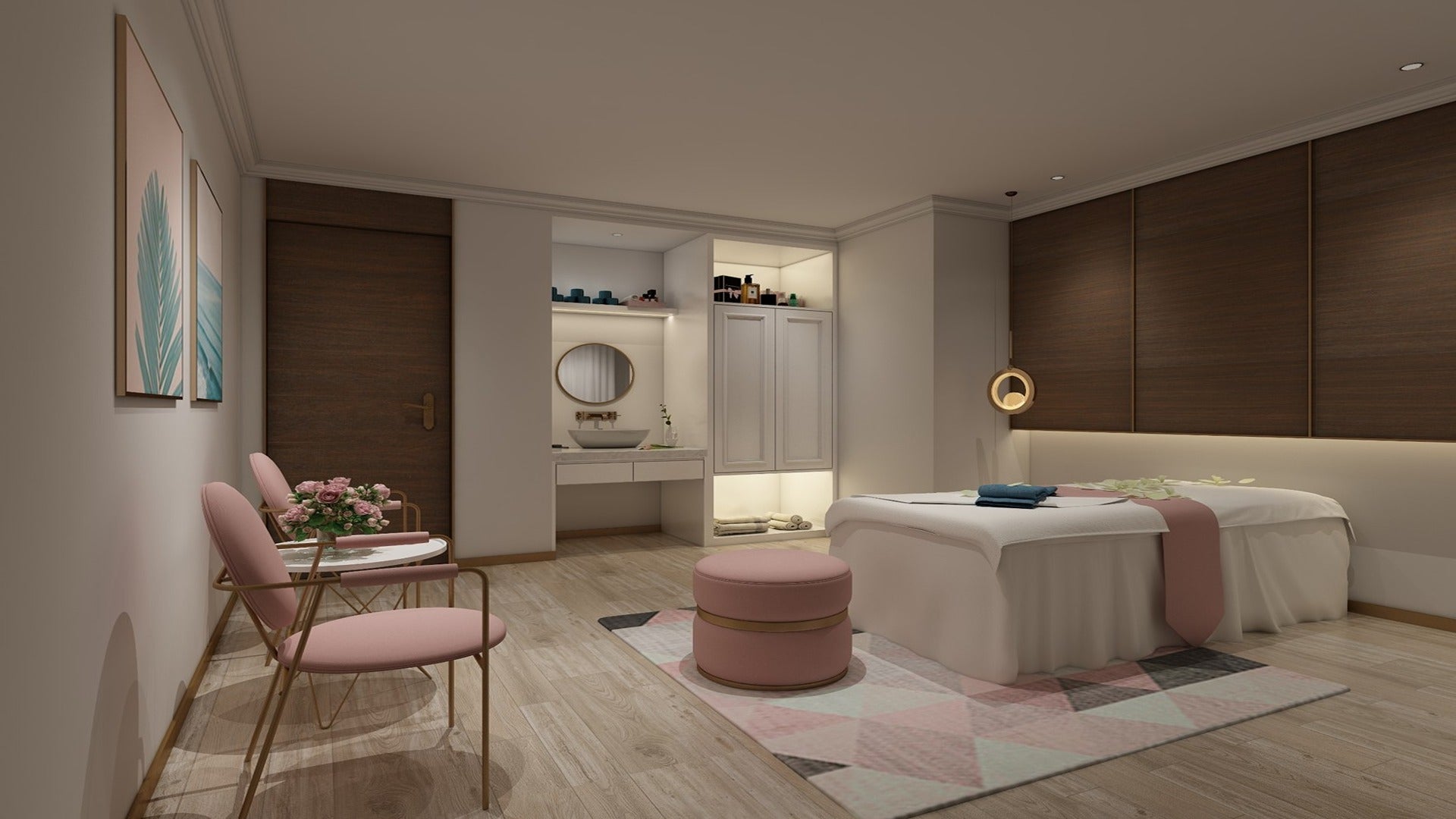 Brown wood laminate wall panels with matte finish in a serene spa room setting with soft lighting and pastel decor