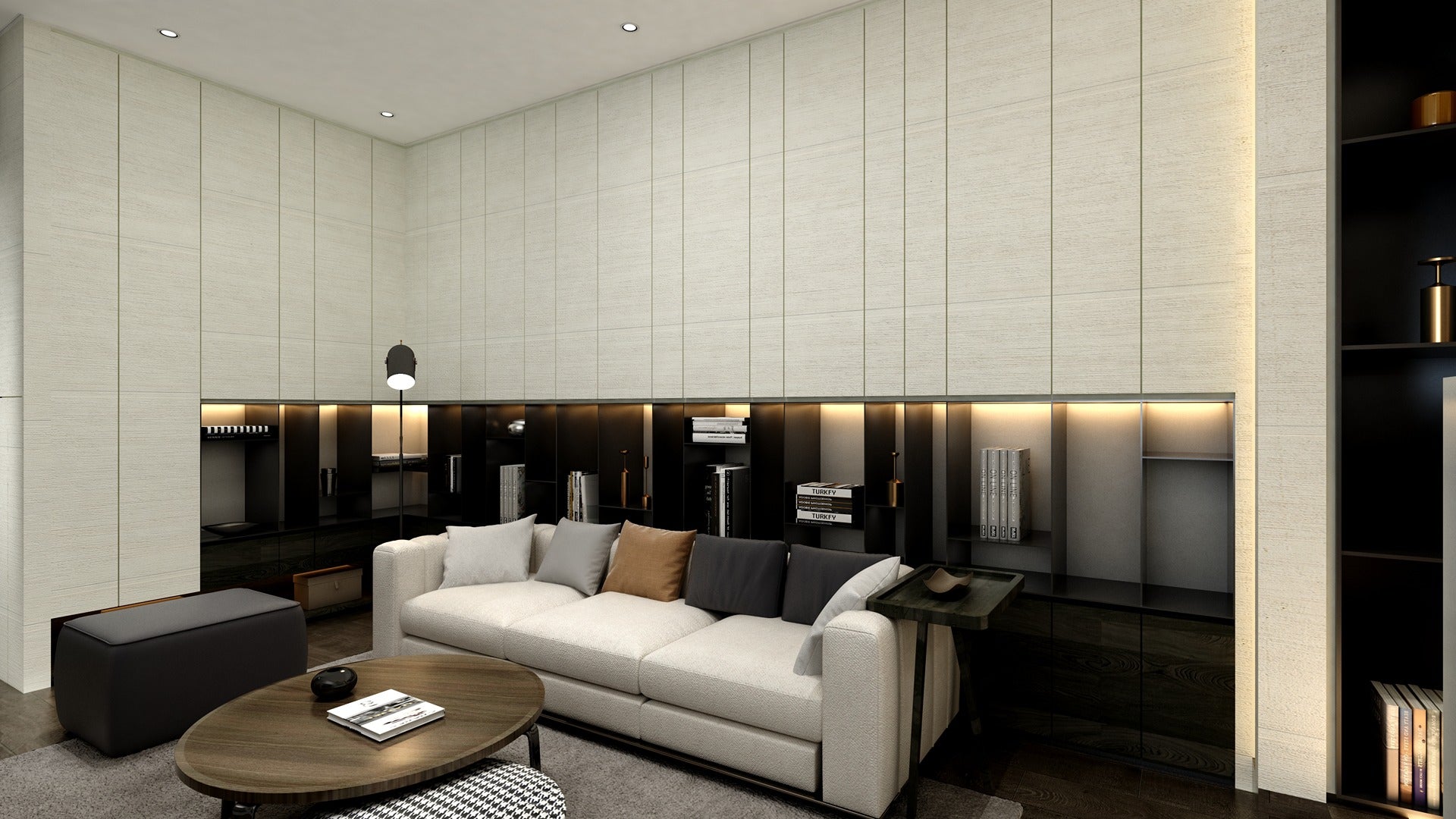 Matte ivory wood laminate wall panels with textured finish in modern living room interior design setting with subtle grain