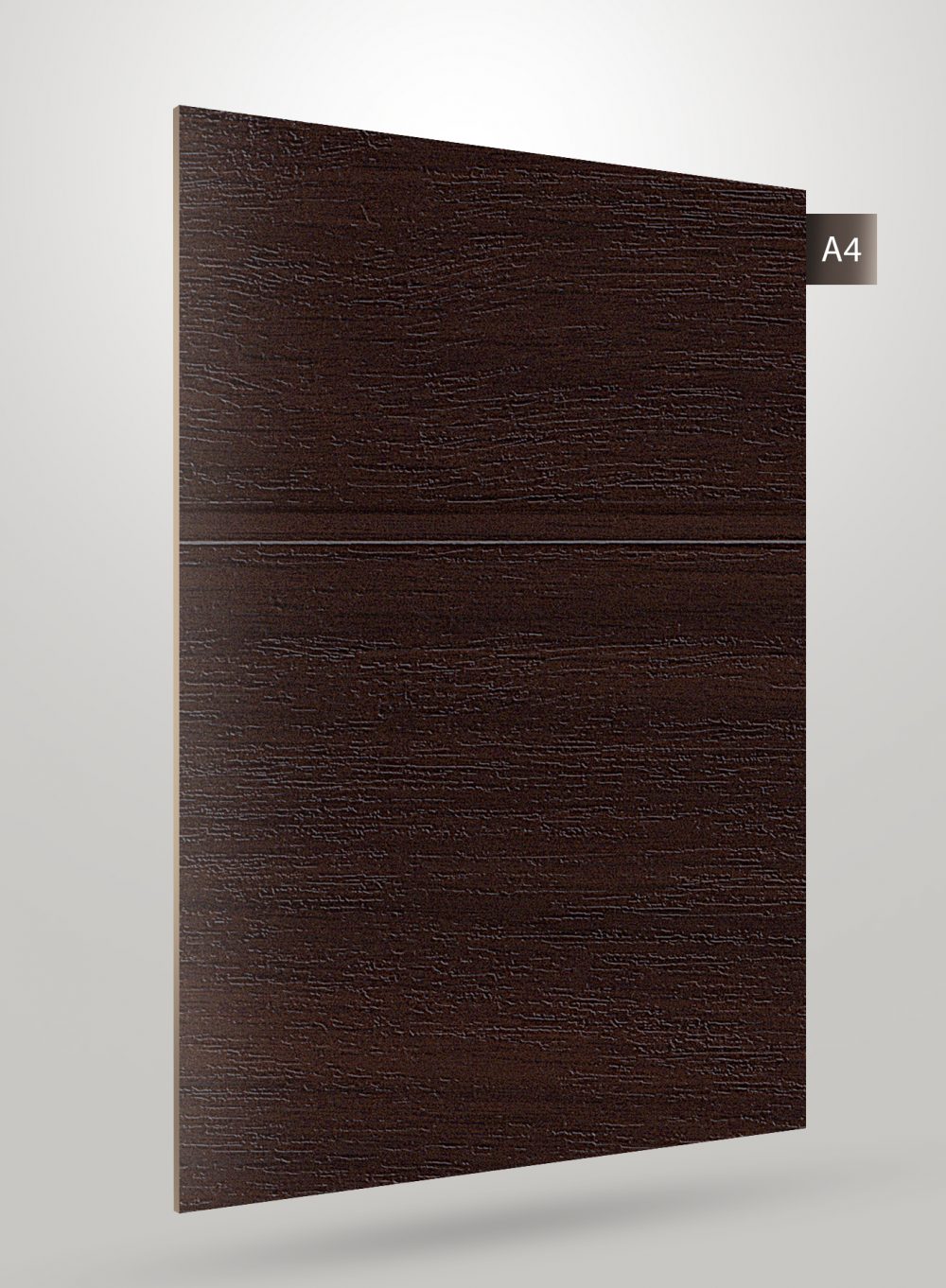 Brown wood grain decorative laminate with matte finish and textured surface, showing wood pattern and slight embossing.