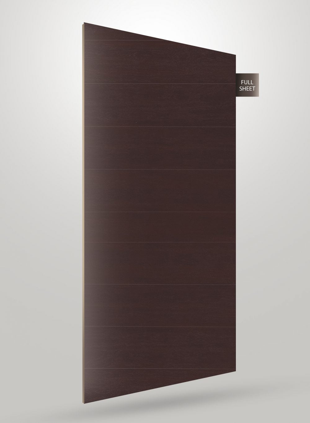 Brown wood grain decorative laminate with matte finish and horizontal plank pattern, shown as a full sheet.
