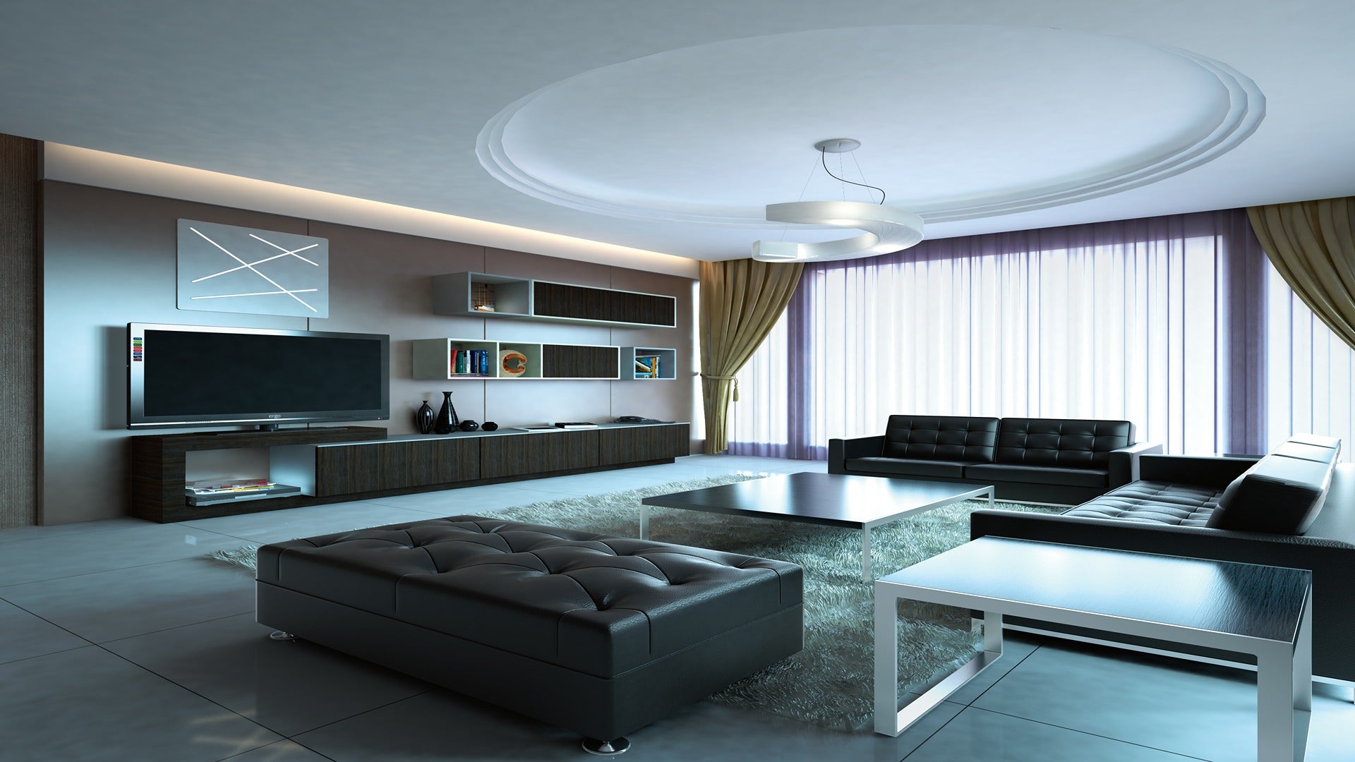 Brown wood laminate used on TV unit and shelves in modern living room with minimalist decor and sleek furniture.