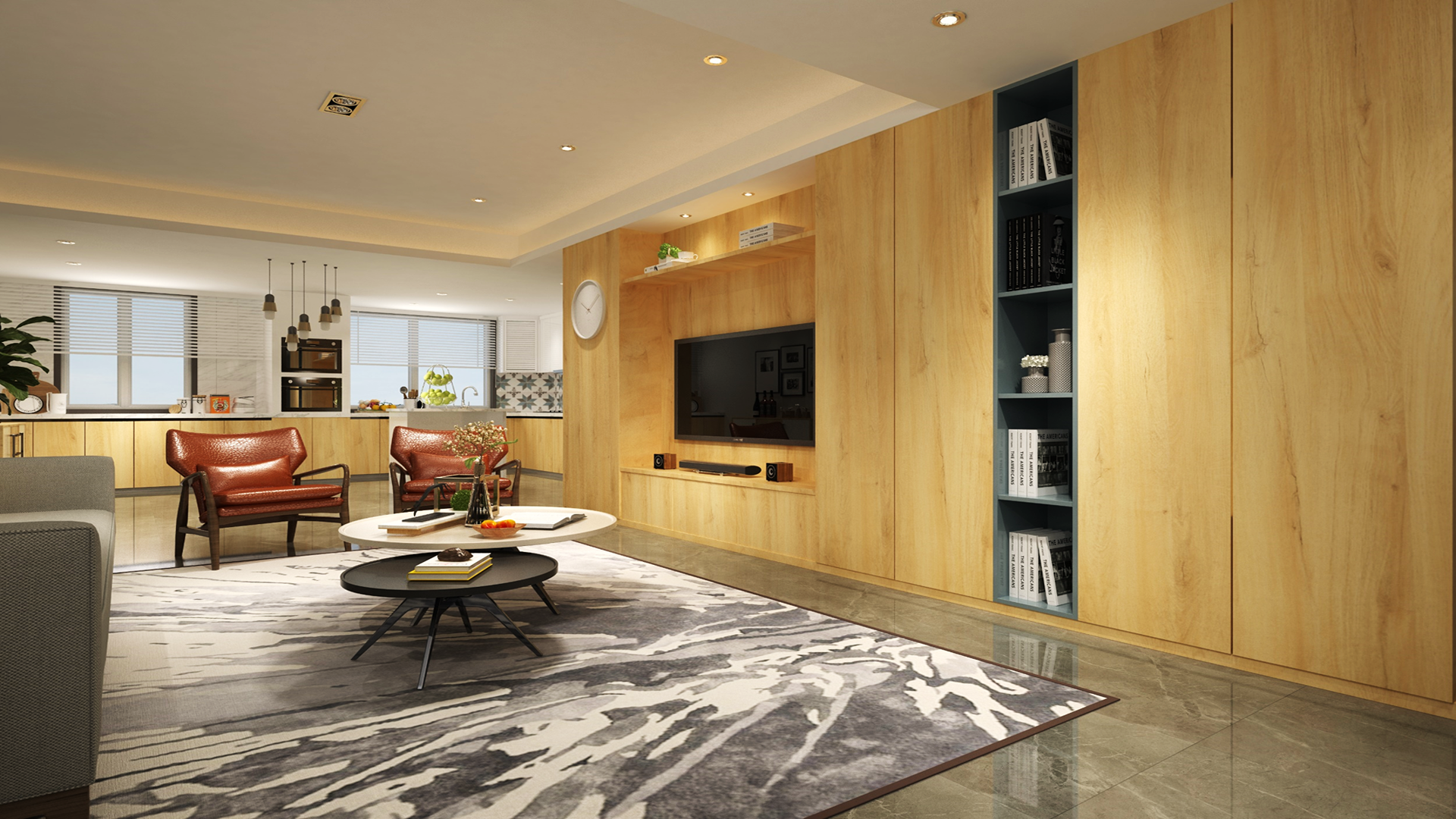 Brown wood laminate wall and cabinetry with matte finish in modern living room with leather chairs and marble flooring