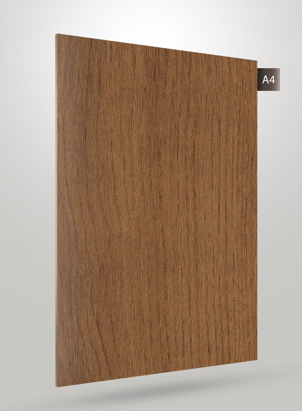Brown wood grain decorative laminate with matte finish and code label A4 on grey background.