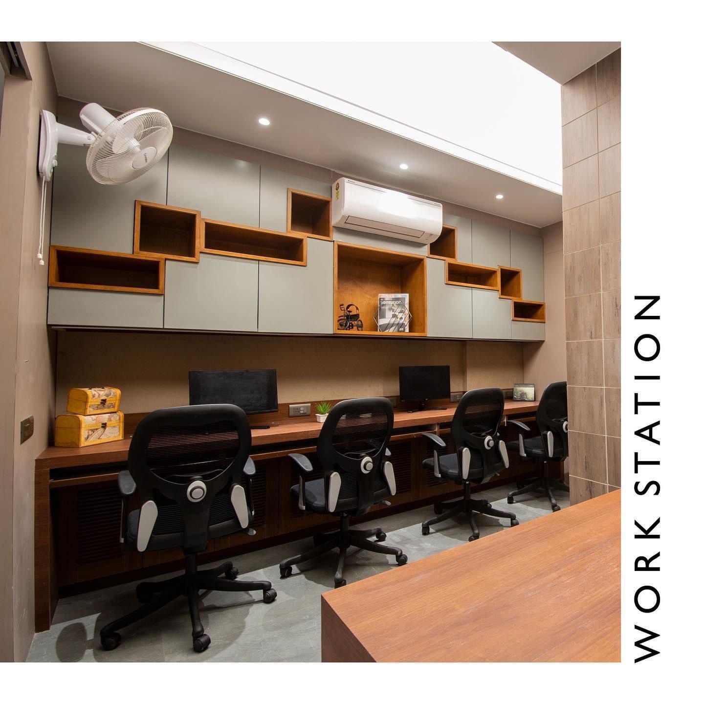 Wood laminate used in office workstation with wooden texture and matte finish on cabinets and furniture.