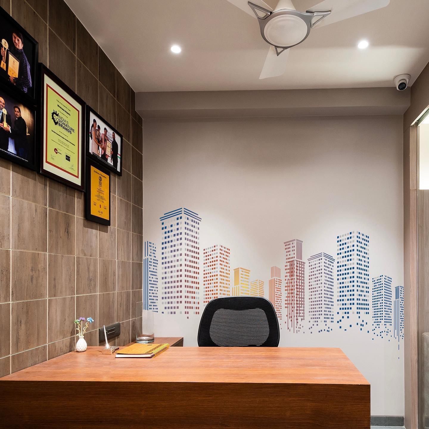 Brown wood laminate wall tiles with matte finish and wood grain texture in a modern office setting