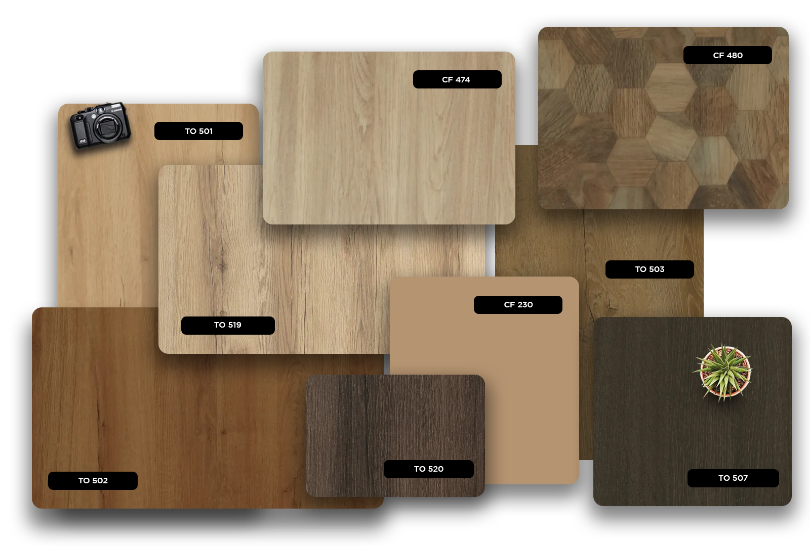 Multi-coloured wood grain laminate with matte finish and visible texture, showcasing various wood patterns and shades in a