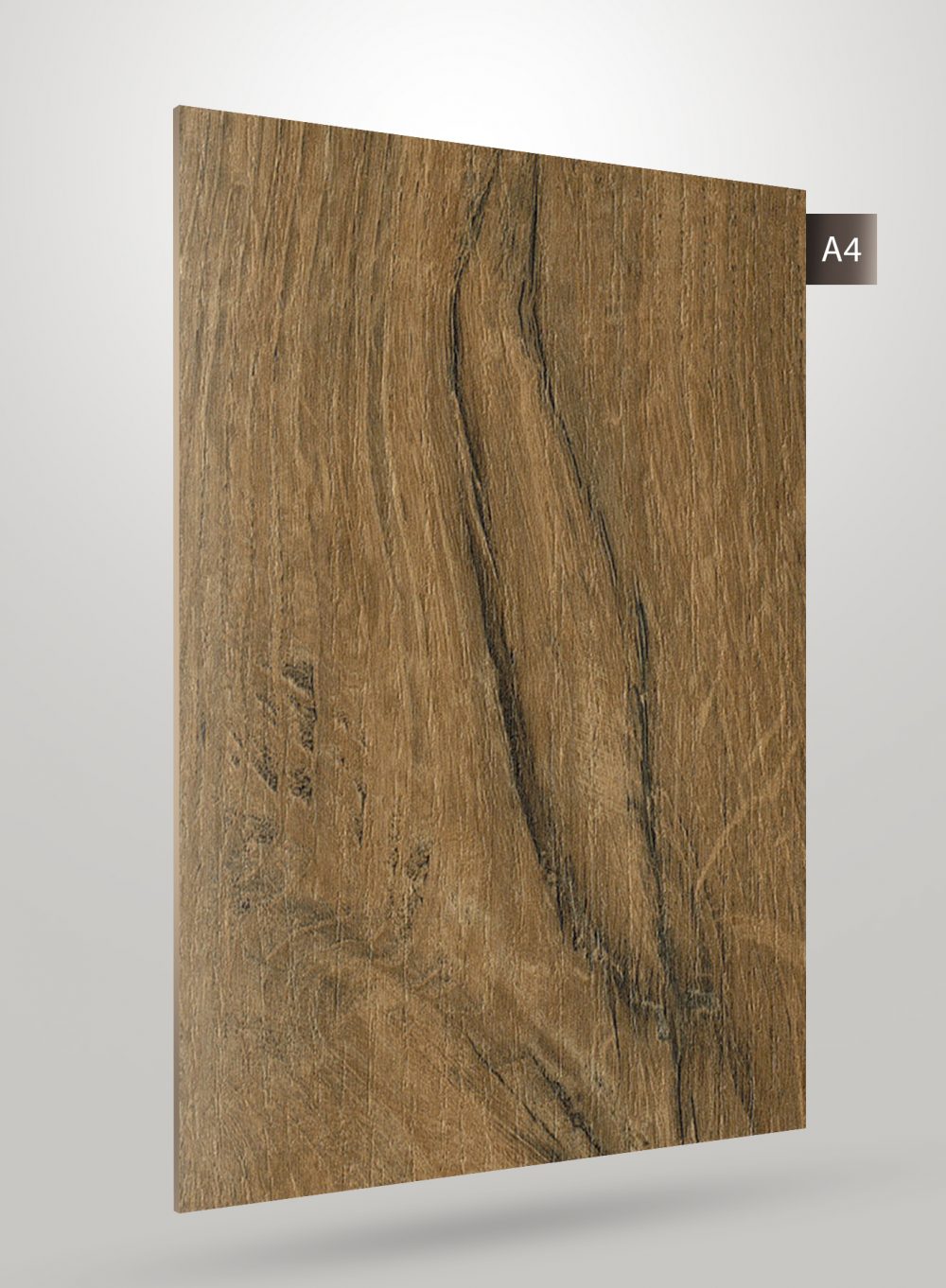 Brown wood grain laminate with matte finish and textured surface, showing natural wood pattern and darker vein details.