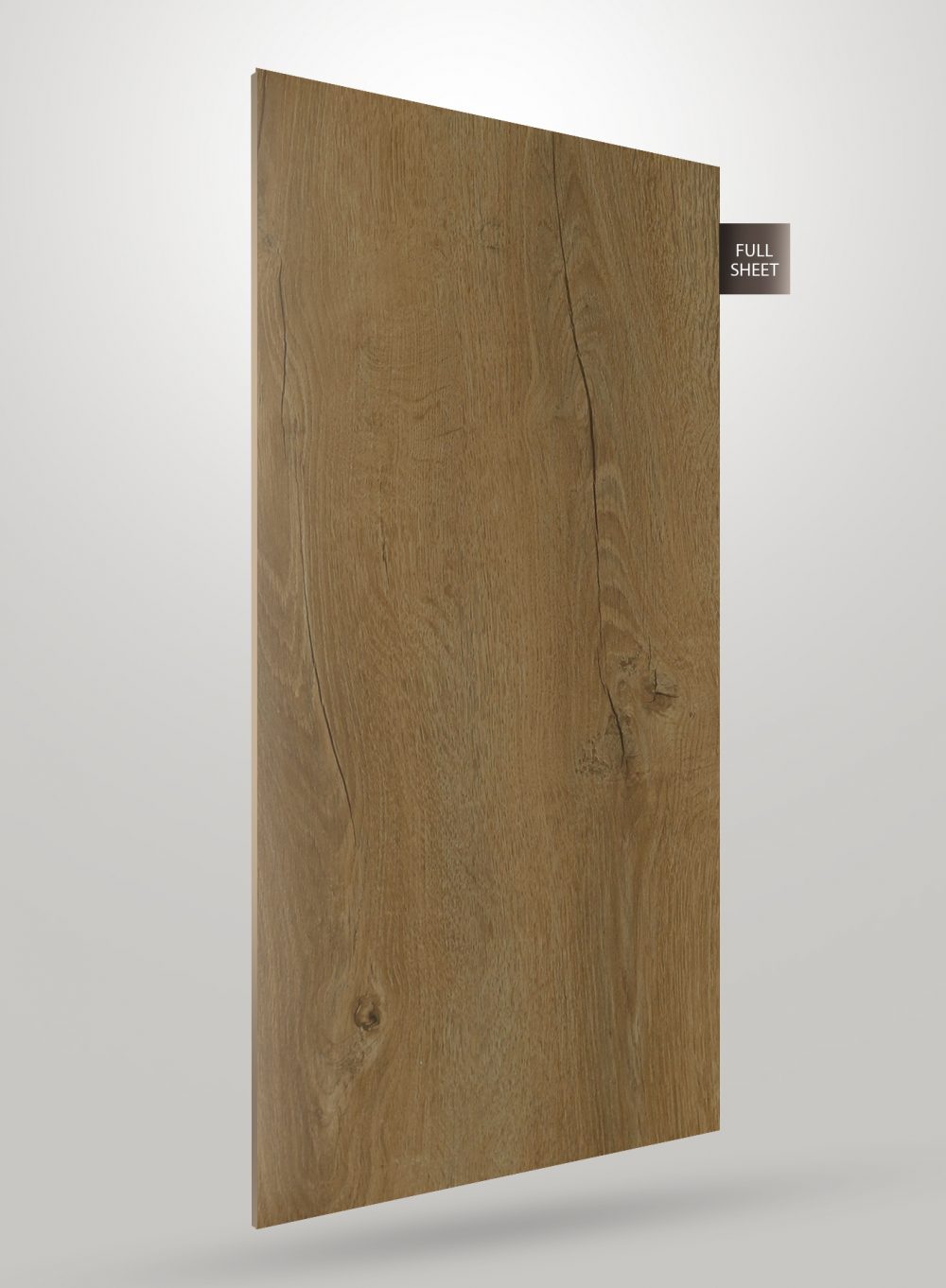 Brown wood grain laminate sheet with matte finish and visible texture and knots, labeled full sheet.