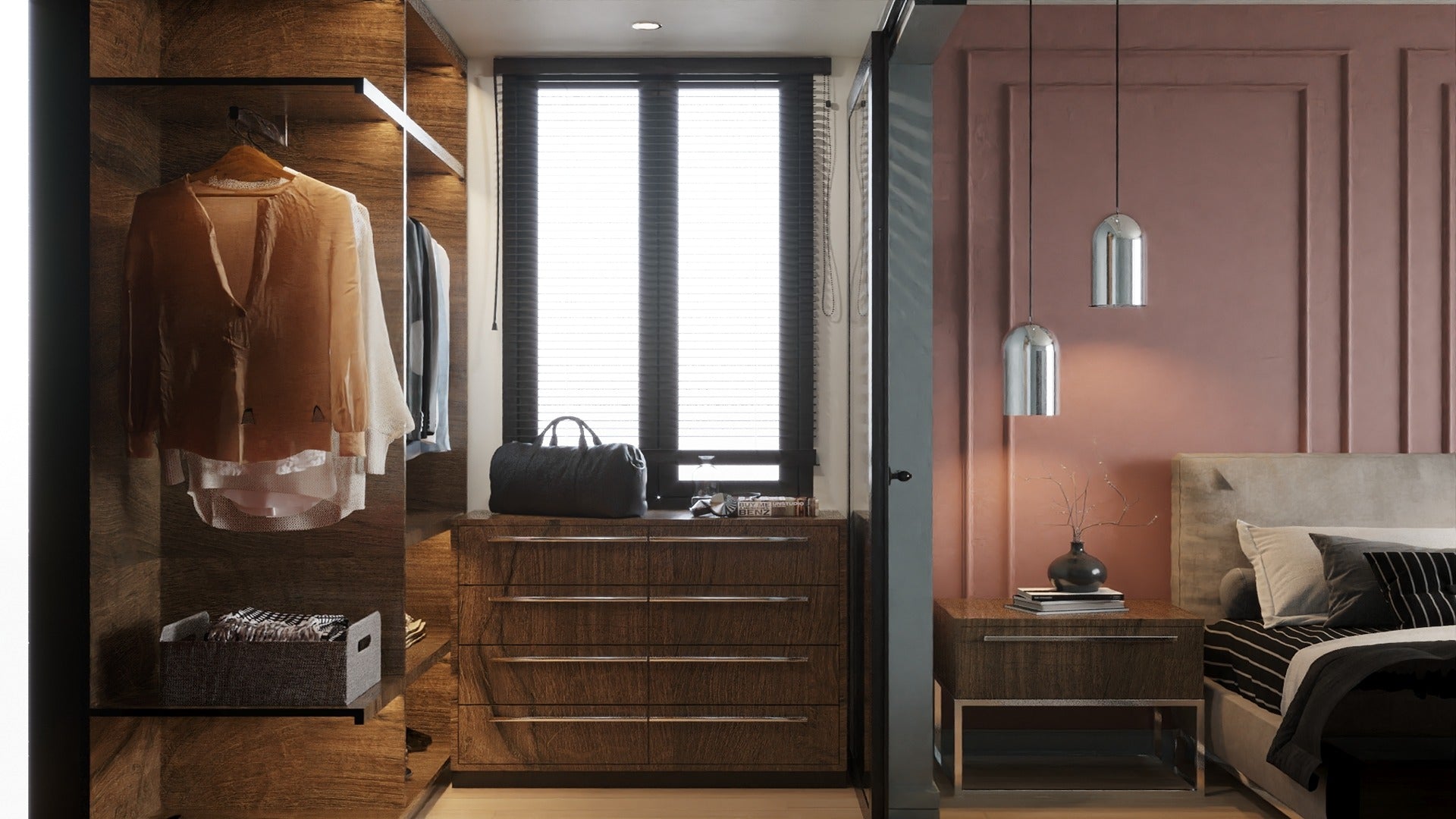 Wood laminate closet with dark wood grain finish and modern fixtures in a bedroom with pink accent wall.