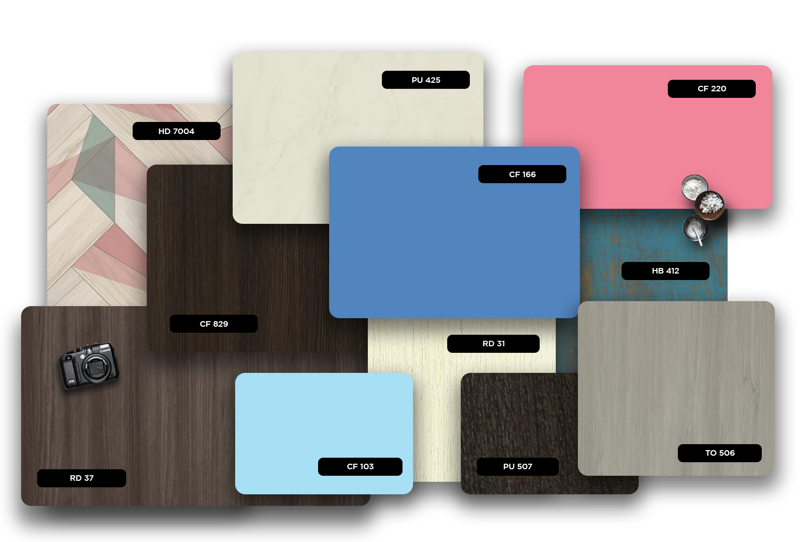 Multicolored wood grain laminate samples with matte finish and various patterns displayed in a collage.