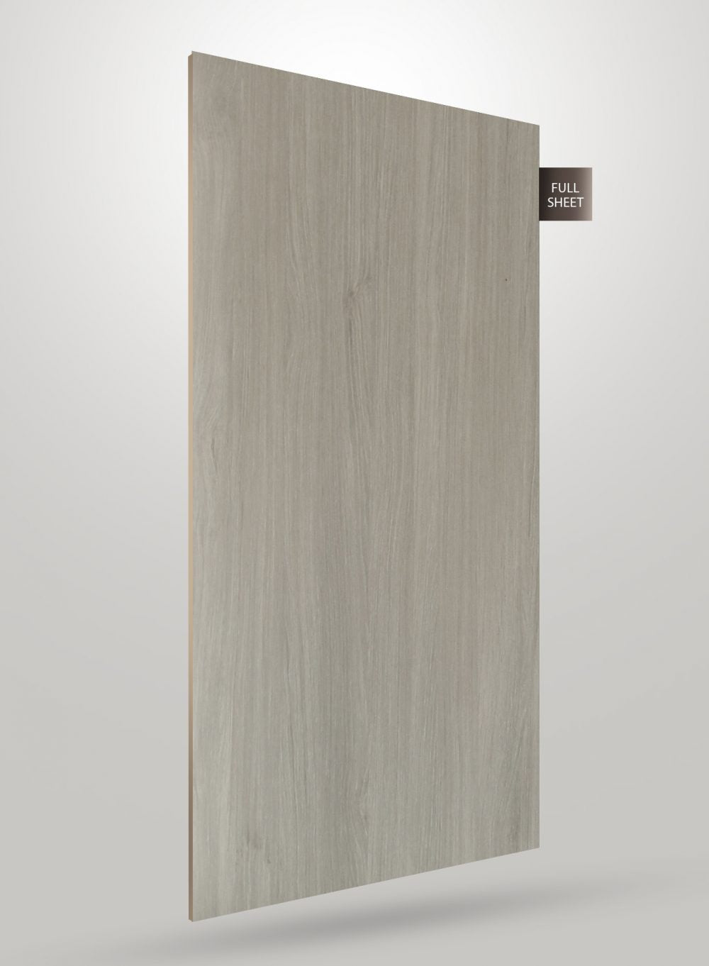 Grey wood grain decorative laminate sheet with matte finish and visible wood texture displayed on a white background