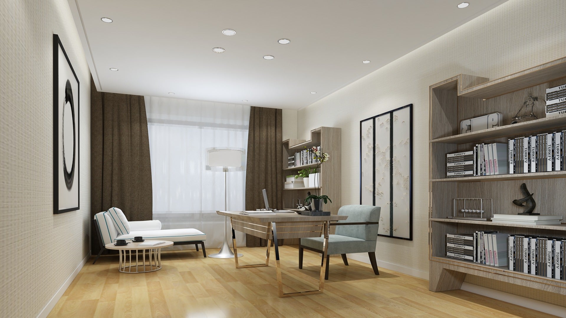Wood laminate used on floor and furniture in a modern office with bookshelves and minimalist decor, showing matte wood grain