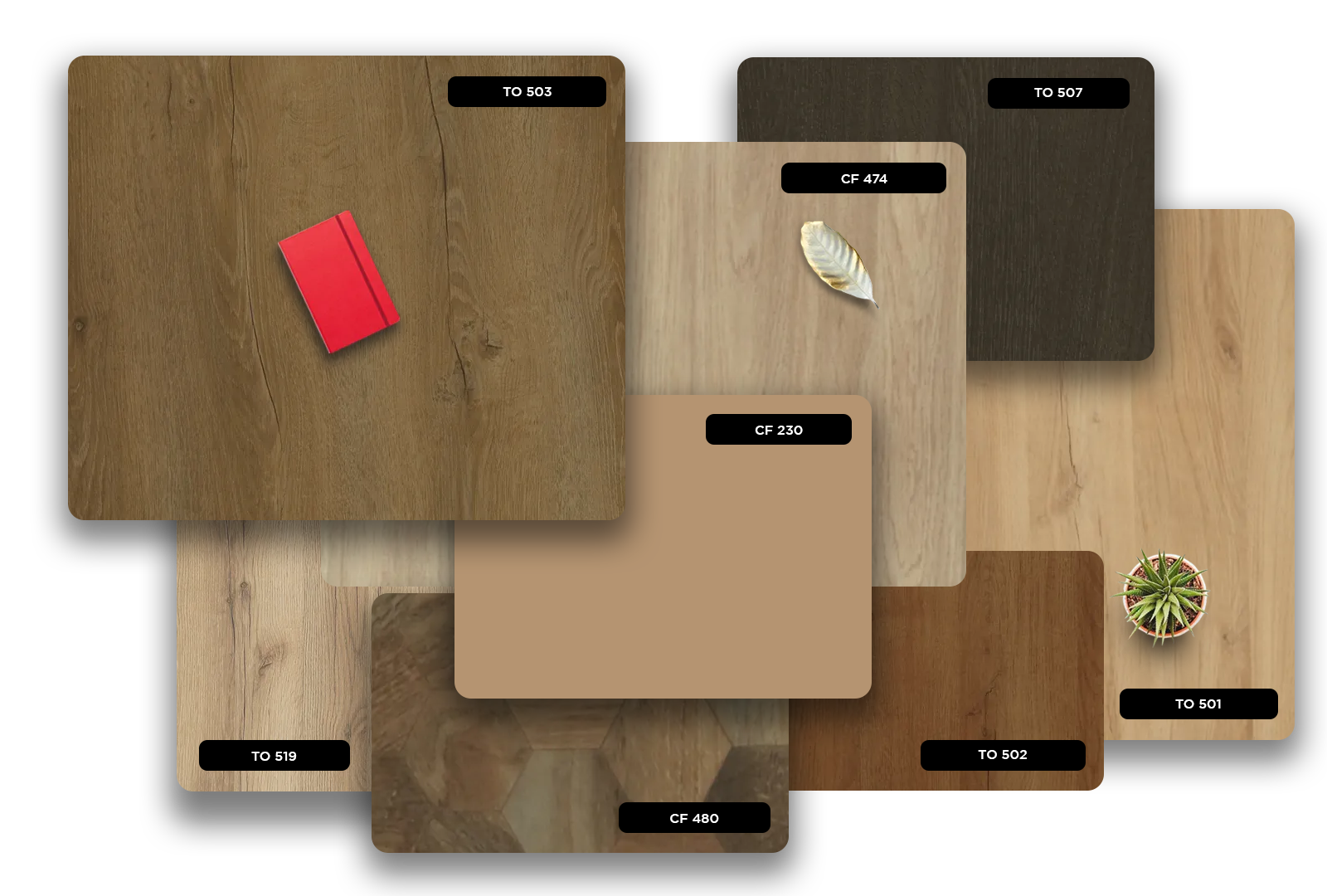 Brown wood grain laminate with matte finish and visible texture, showcasing various samples and decorative elements.