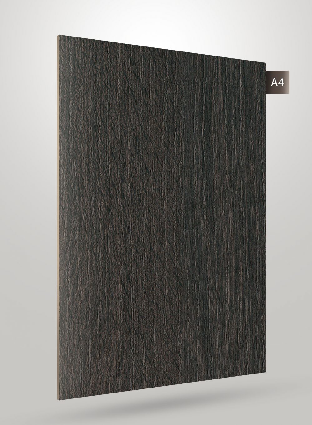 Dark brown wood grain laminate with matte finish and vertical texture pattern on a square sheet.