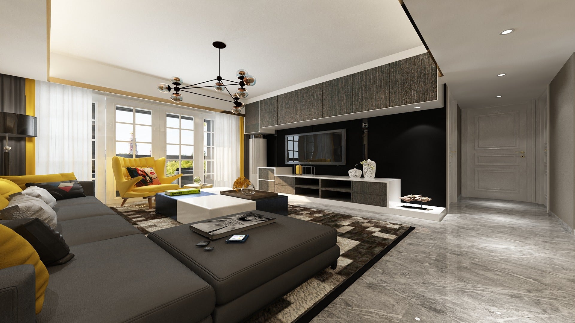 Brown wood laminate used on wall panels in modern living room with gray furniture and yellow accent chair