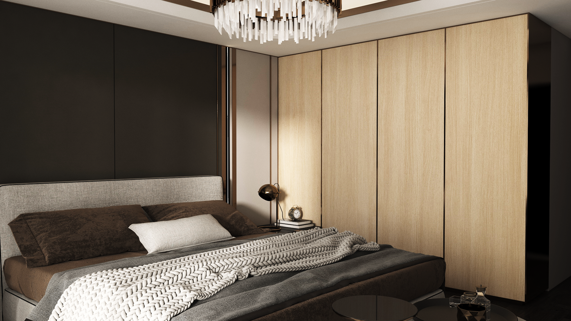 Light wood grain decorative laminate wall panels with matte finish in modern bedroom setting