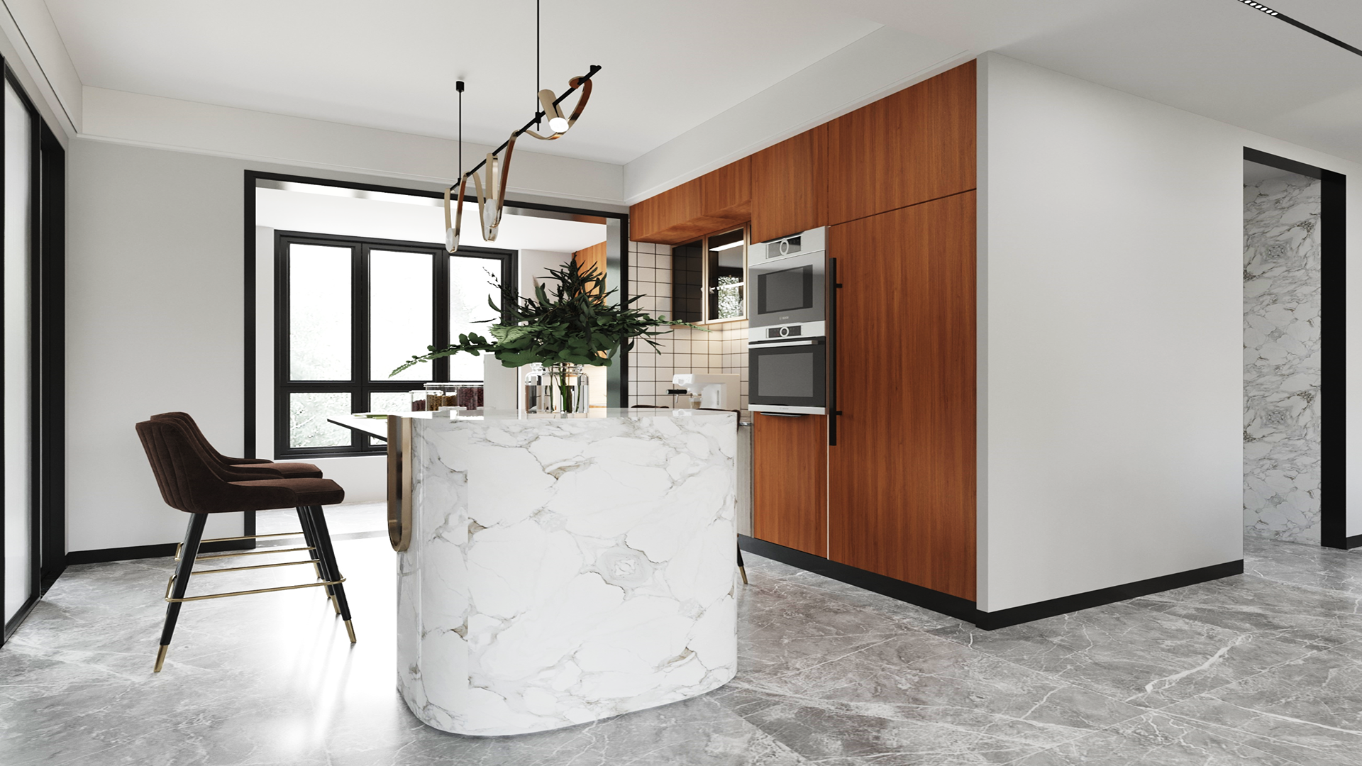 Wood laminate kitchen cabinets with matte finish and wood grain pattern on modern kitchen interior