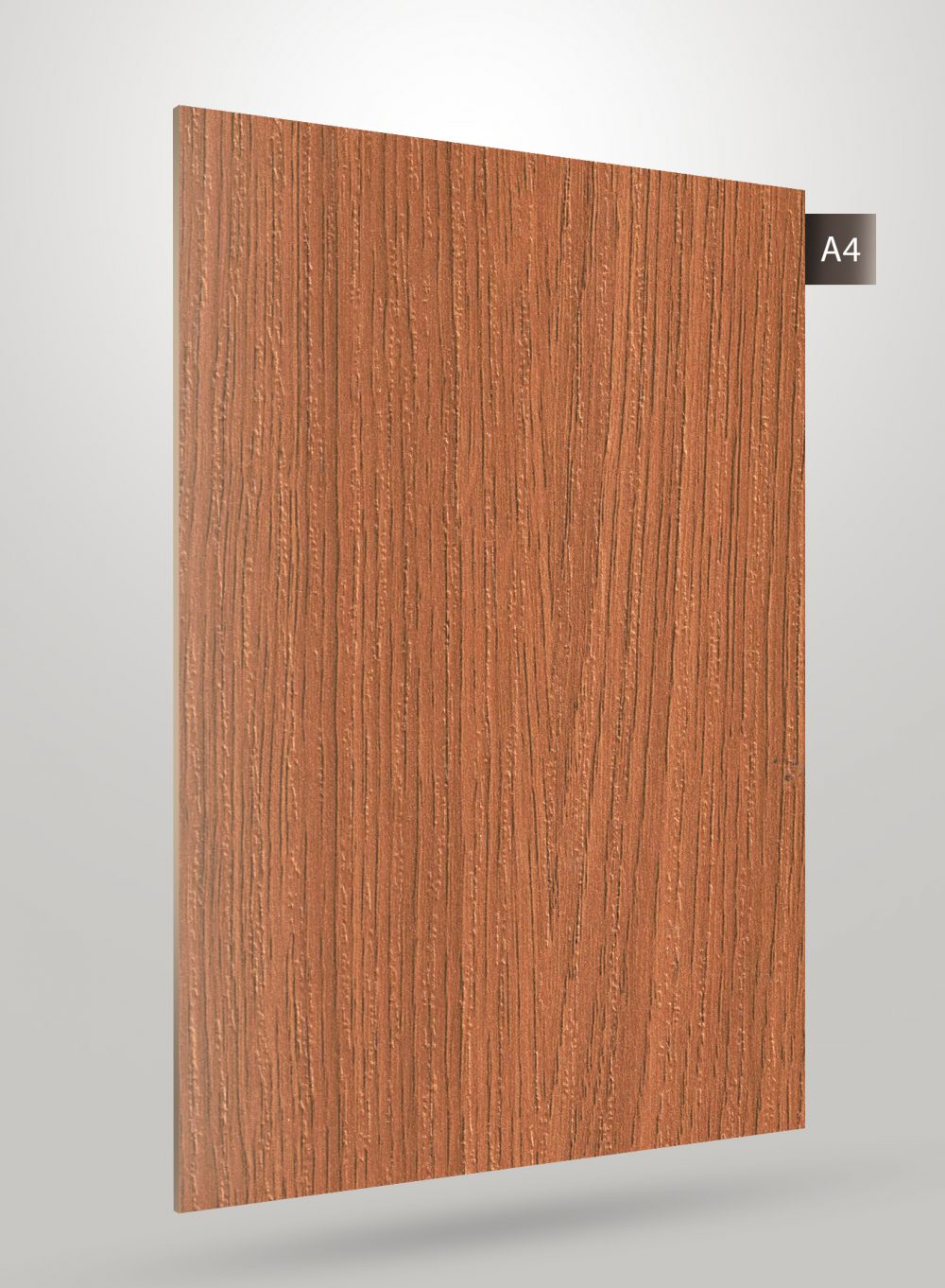 Brown wood grain decorative laminate with vertical texture and matte finish, labeled A4 in top right corner.