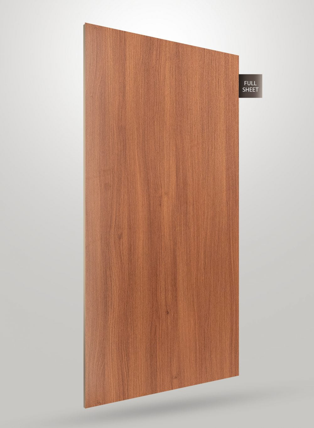 Brown wood grain decorative laminate sheet with matte finish and visible texture, labeled full sheet.