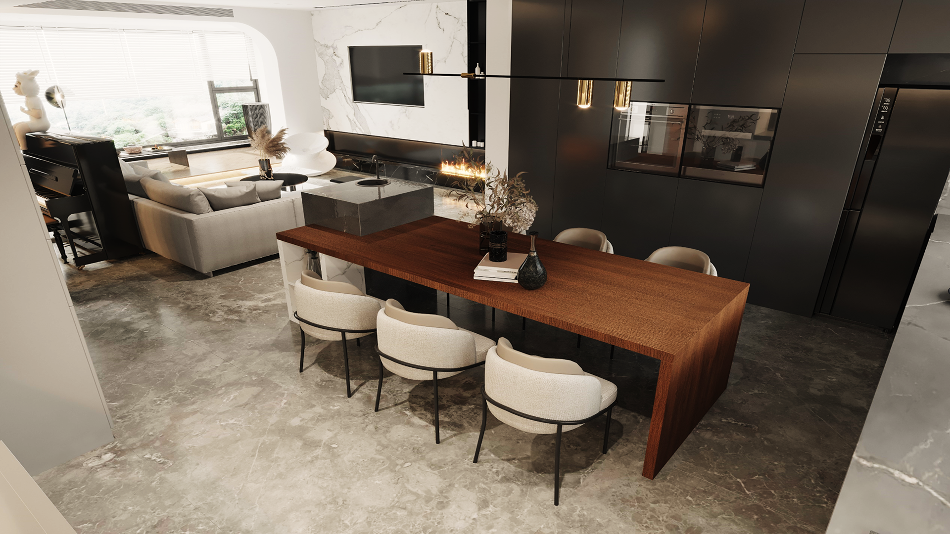 Multicolour wood grain laminate with matte finish on dining table in modern kitchen and living room setting