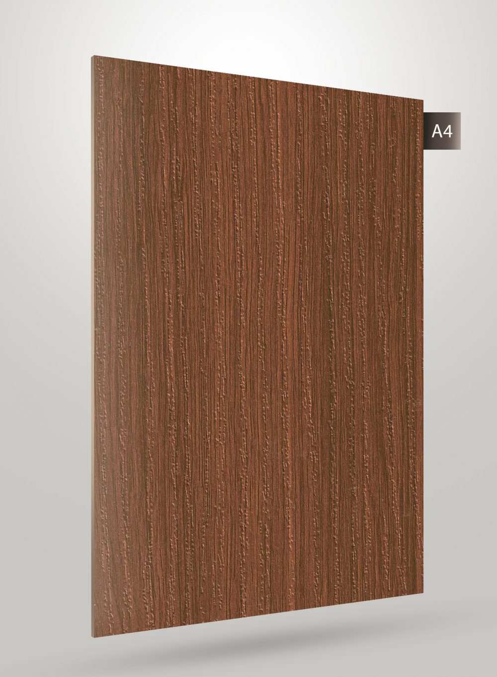 Brown wood grain decorative laminate with vertical texture and matte finish, labeled A4.