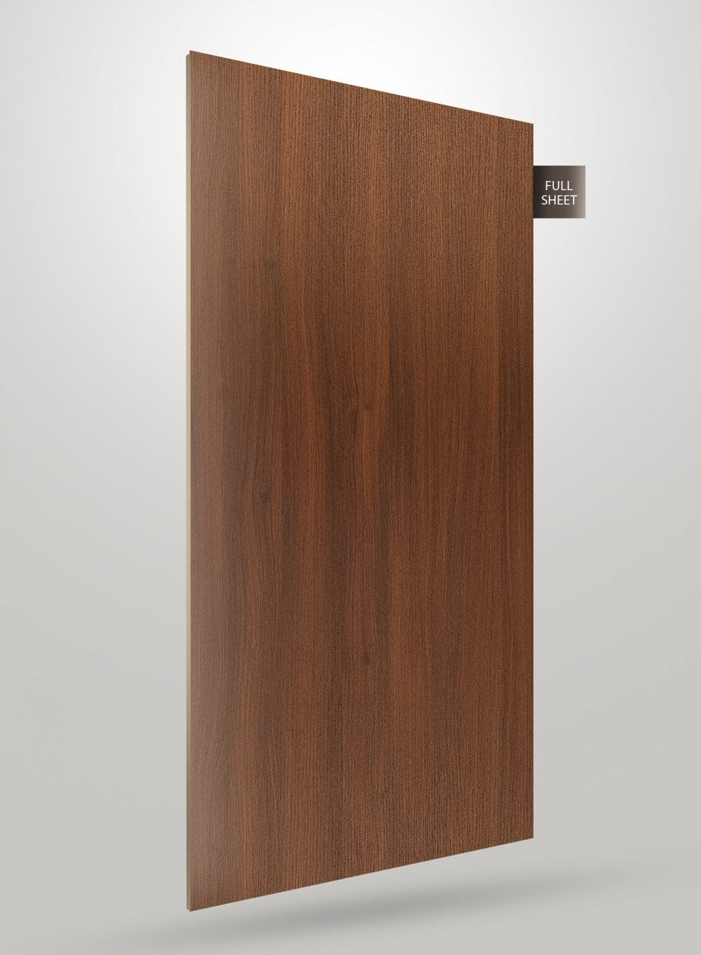 Brown wood grain decorative laminate sheet with matte finish and visible texture, labeled full sheet on white background.