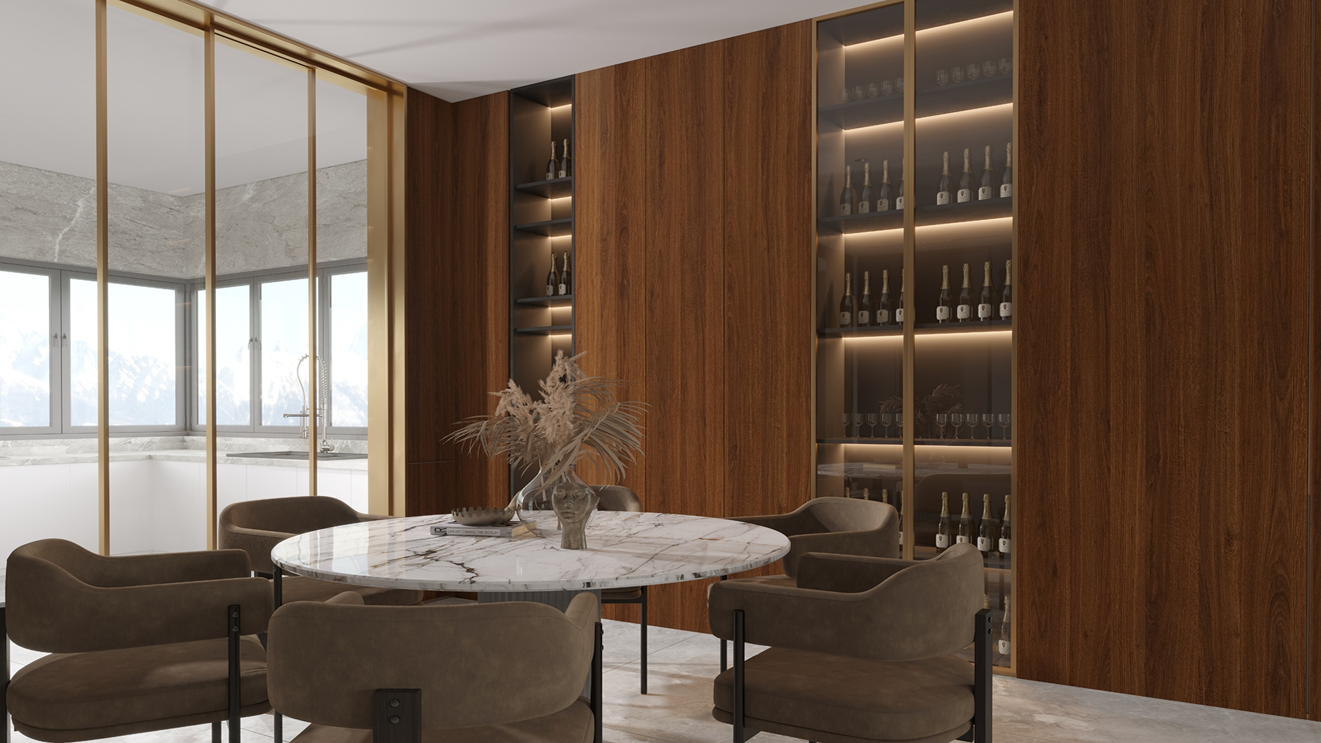 Brown wood grain laminate with matte finish on wall and cabinet, showing wood texture and vertical grain pattern.
