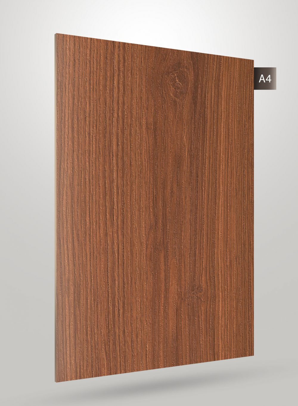 Brown wood grain decorative laminate with vertical texture and matte finish, labeled A4.