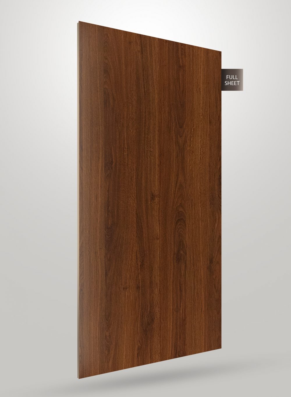 Brown wood grain decorative laminate sheet with matte finish and visible wood texture and grain pattern on full sheet.