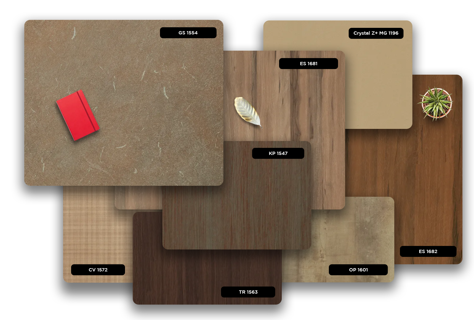 Brown wood grain decorative laminate with matte finish and visible texture, showcasing various design options in a collage