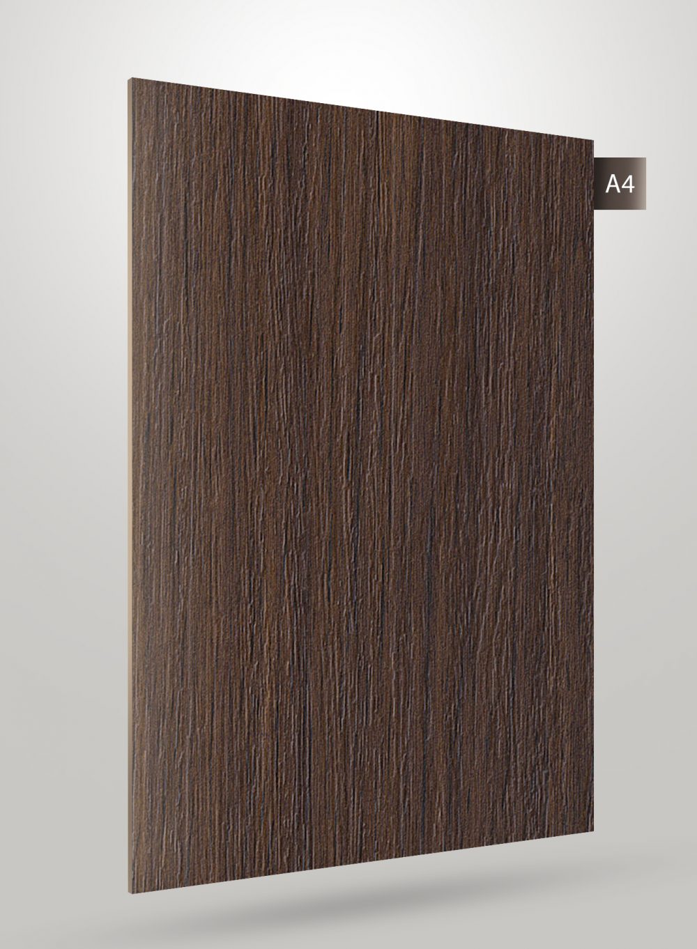 Brown wood grain decorative laminate with matte finish and vertical wood texture pattern on a sample sheet.