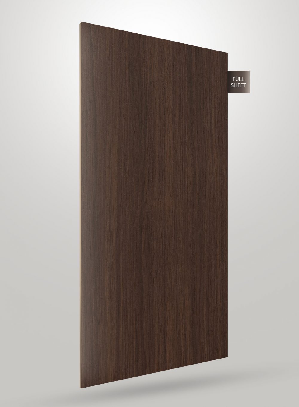 Brown wood grain laminate sheet with matte finish and visible wood texture, labeled full sheet.