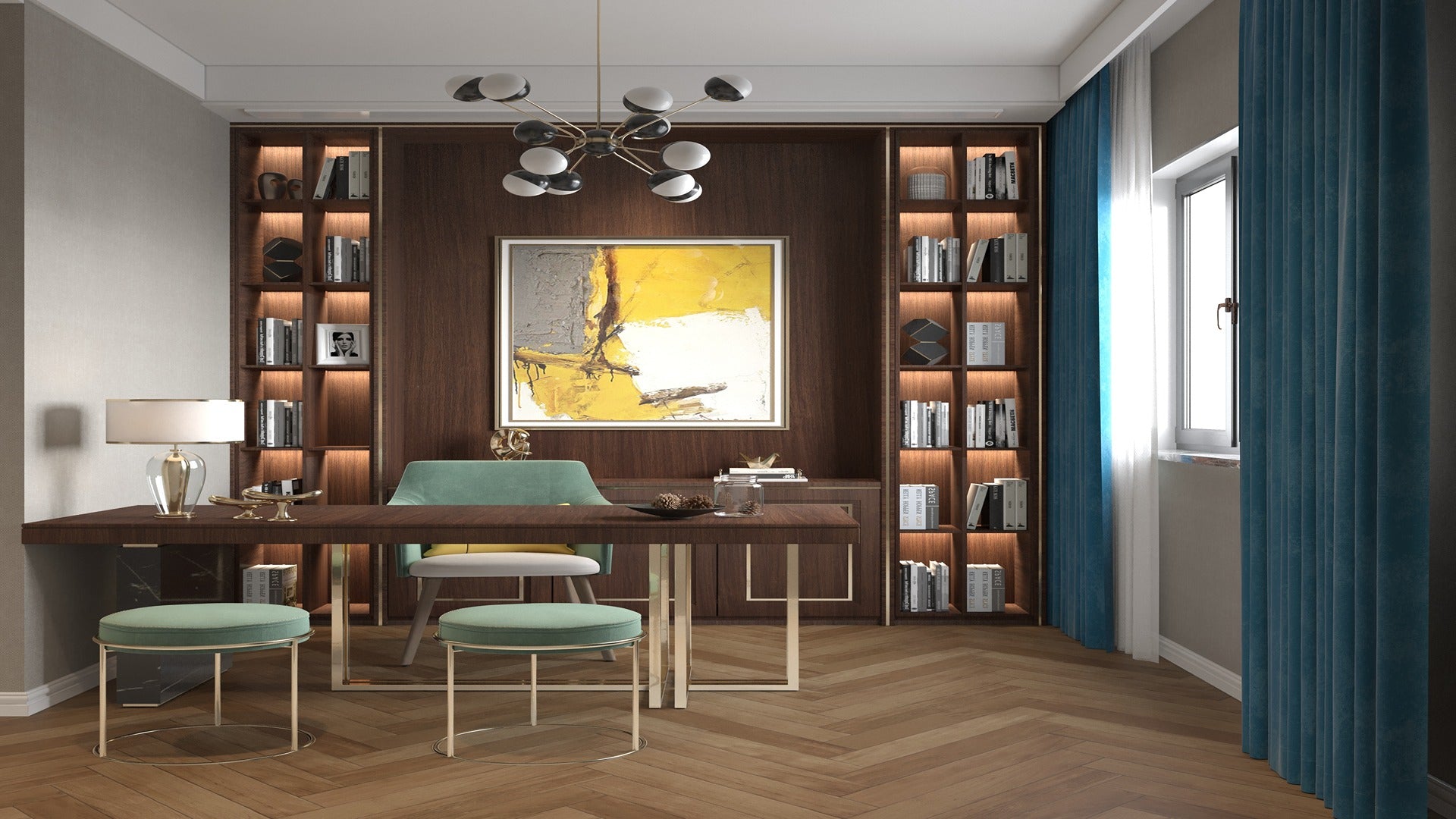 Brown wood laminate used on wall and floor in a modern study with built-in bookshelves and desk area.
