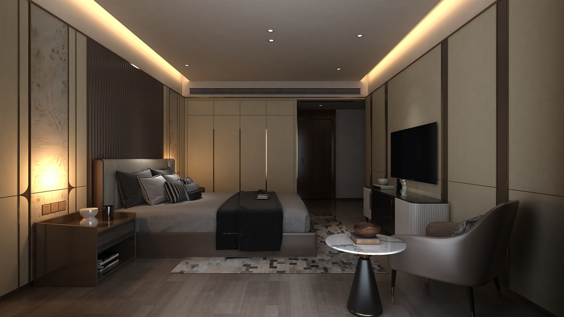 Wood laminate wall panels in modern bedroom with matte finish and wood grain texture on furniture and flooring surfaces.