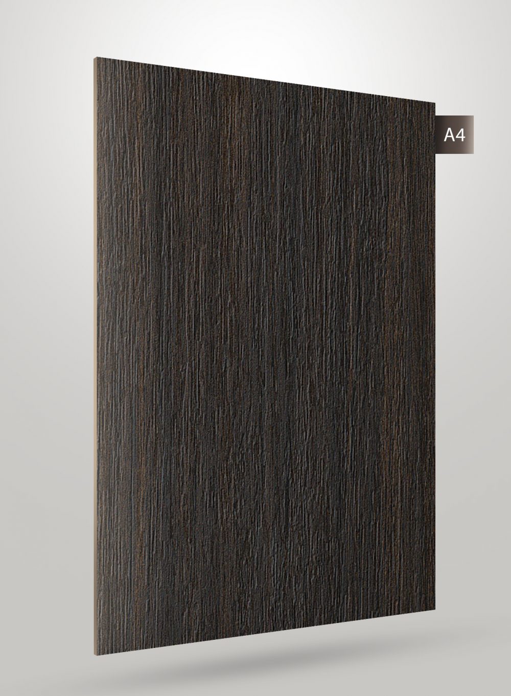 Dark brown wood grain decorative laminate with matte finish and vertical wood texture pattern on a sample sheet.