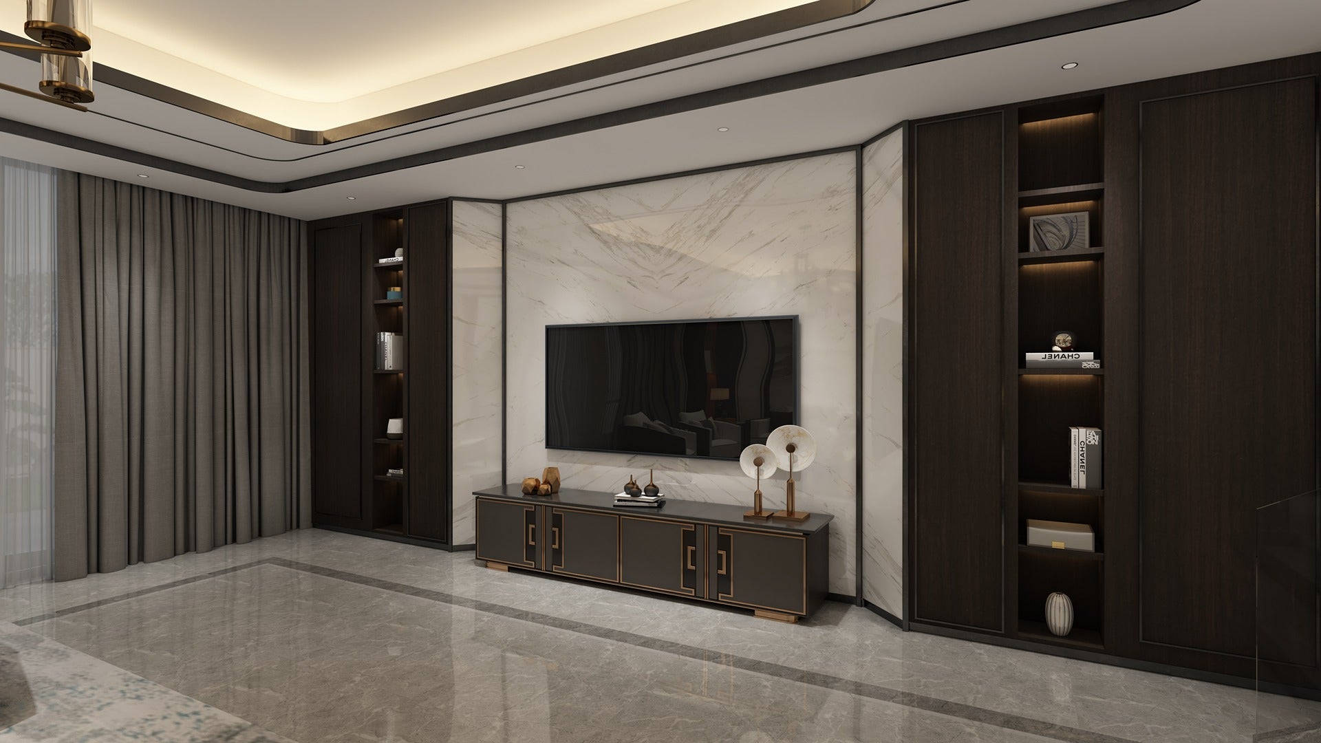 Dark wood laminate furniture and shelves in modern living room with marble wall and floor, matte finish, wood grain visible