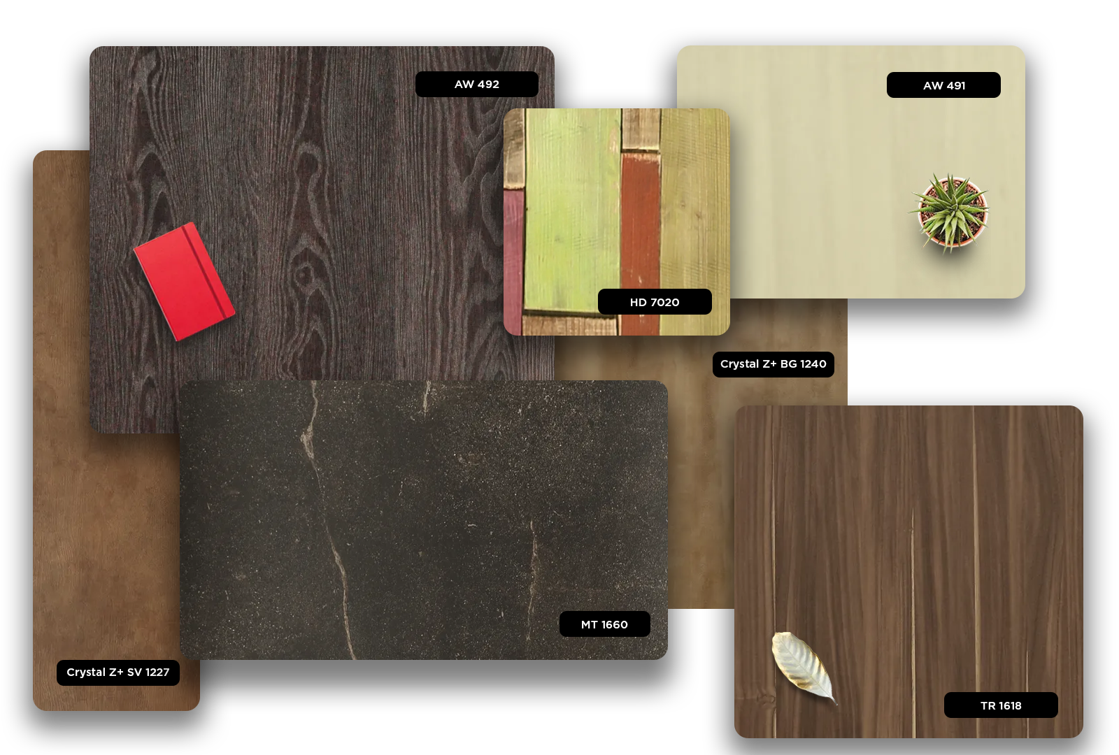 Multicolored wood grain laminate with matte finish and visible texture, showcasing various patterns and designs in a collage.