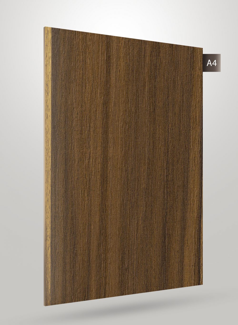 Brown wood grain decorative laminate with matte finish and visible texture, showing edge and label A4.