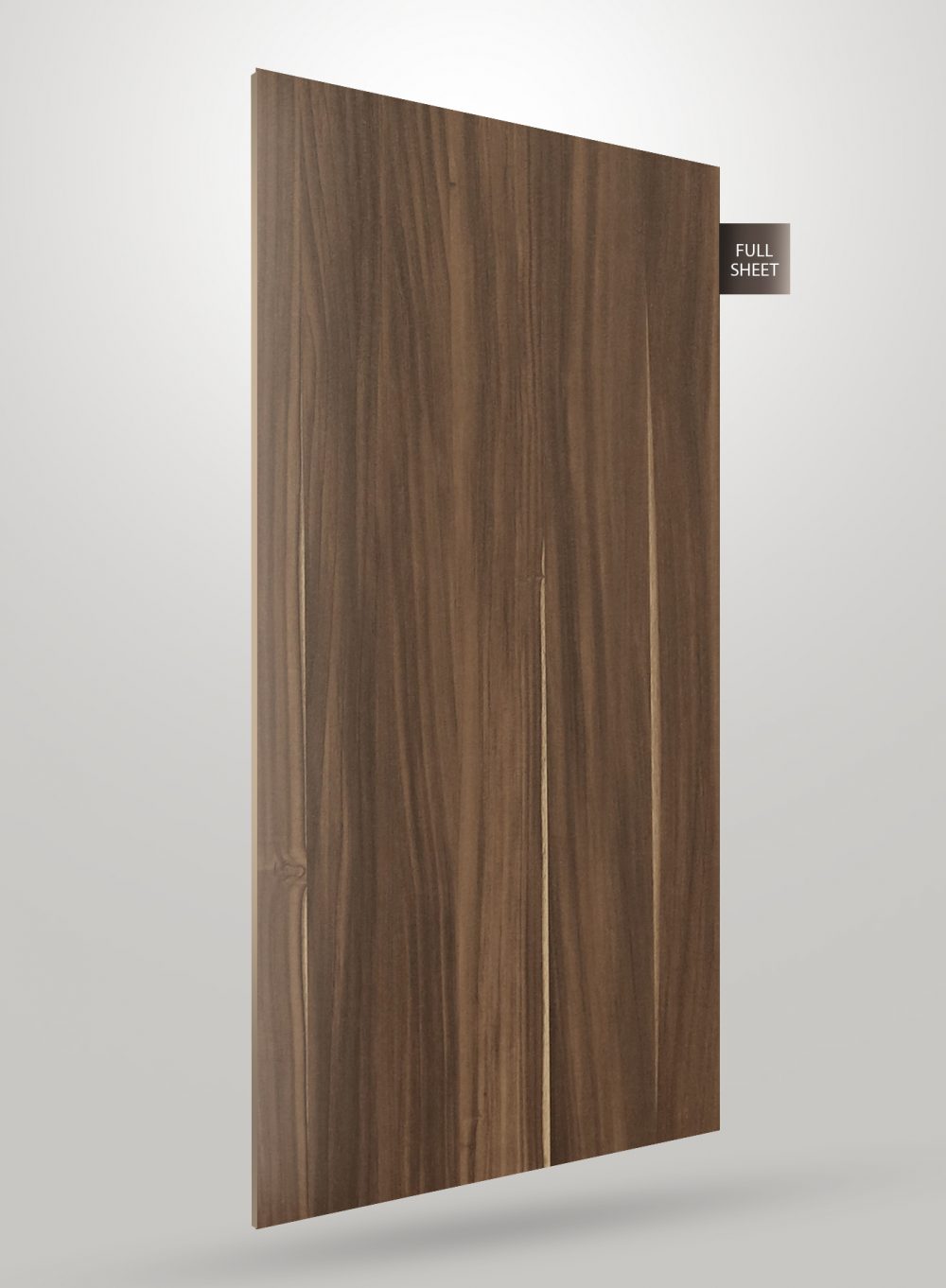 Brown wood grain laminate sheet with matte finish and vertical wood pattern, labeled full sheet.