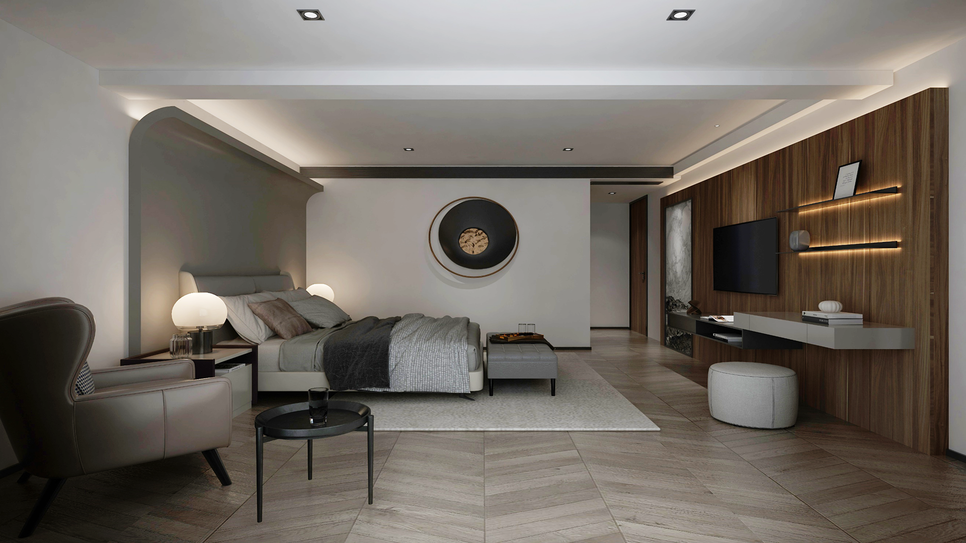 Wood laminate wall and floor in modern bedroom with matte finish and wood grain texture visible on the surface.