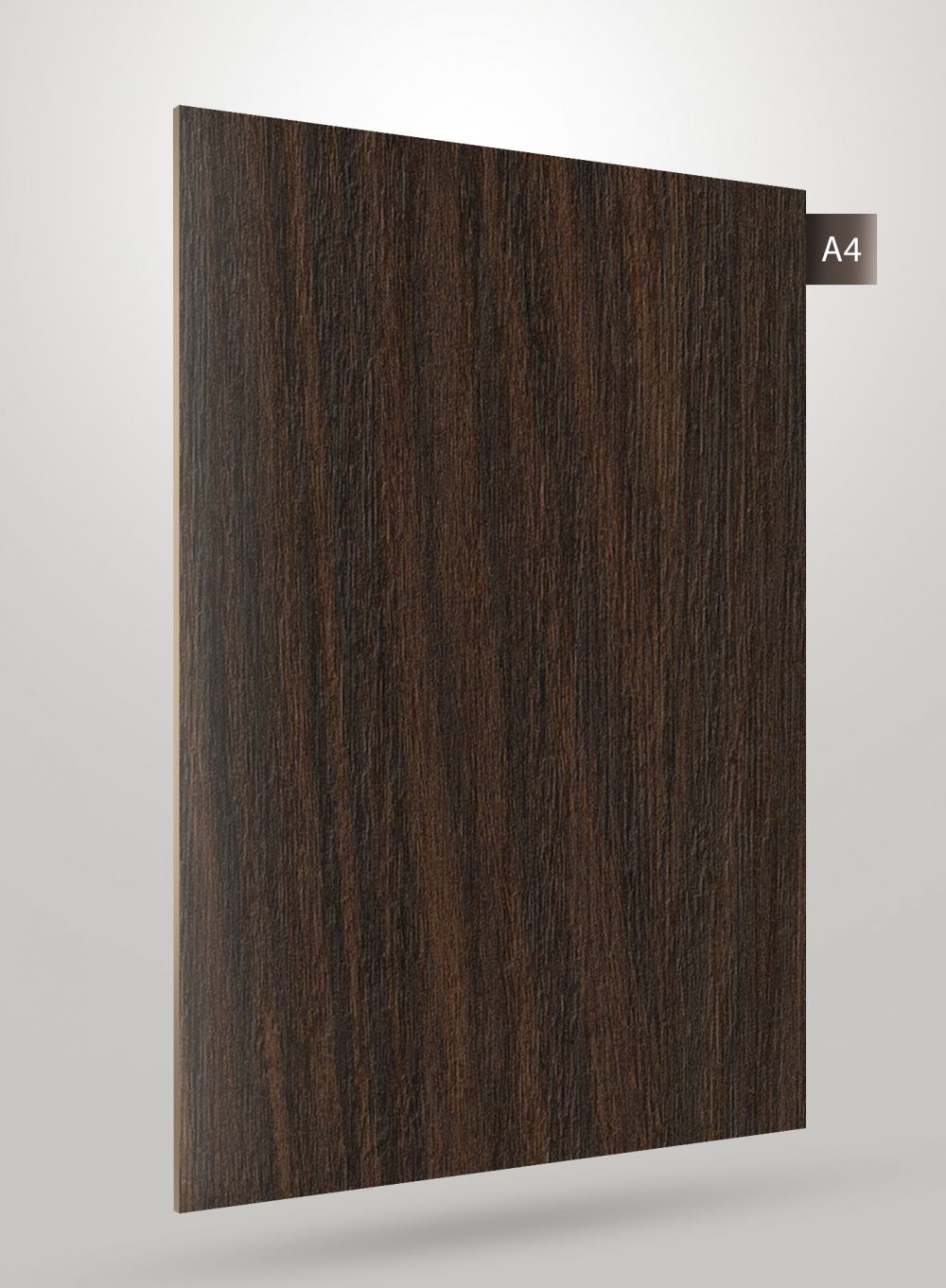 Dark brown wood grain laminate with matte finish and vertical wood texture pattern on a sample sheet.