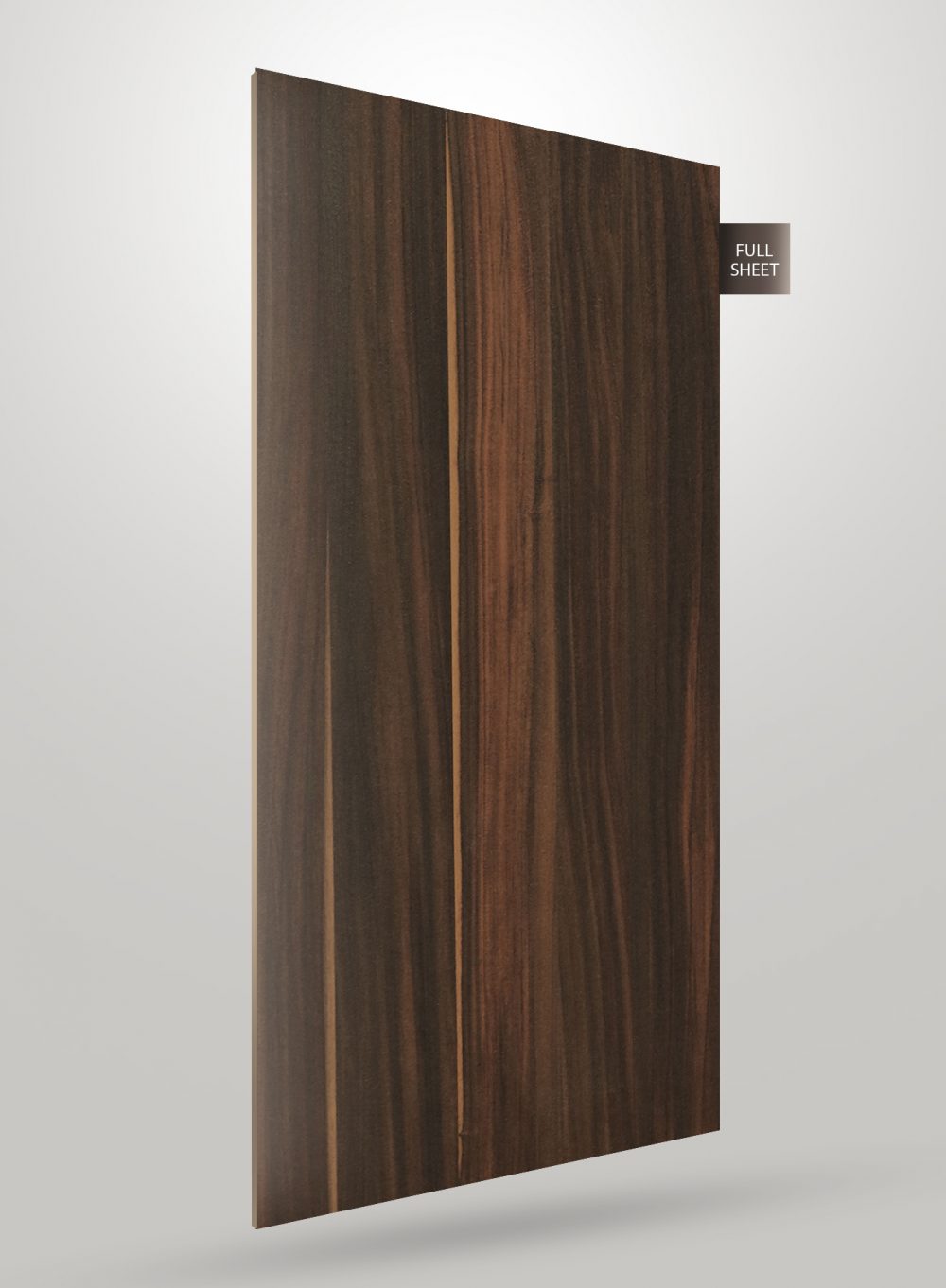 Dark brown wood grain decorative laminate with matte finish and visible wood texture and grain pattern on full sheet.