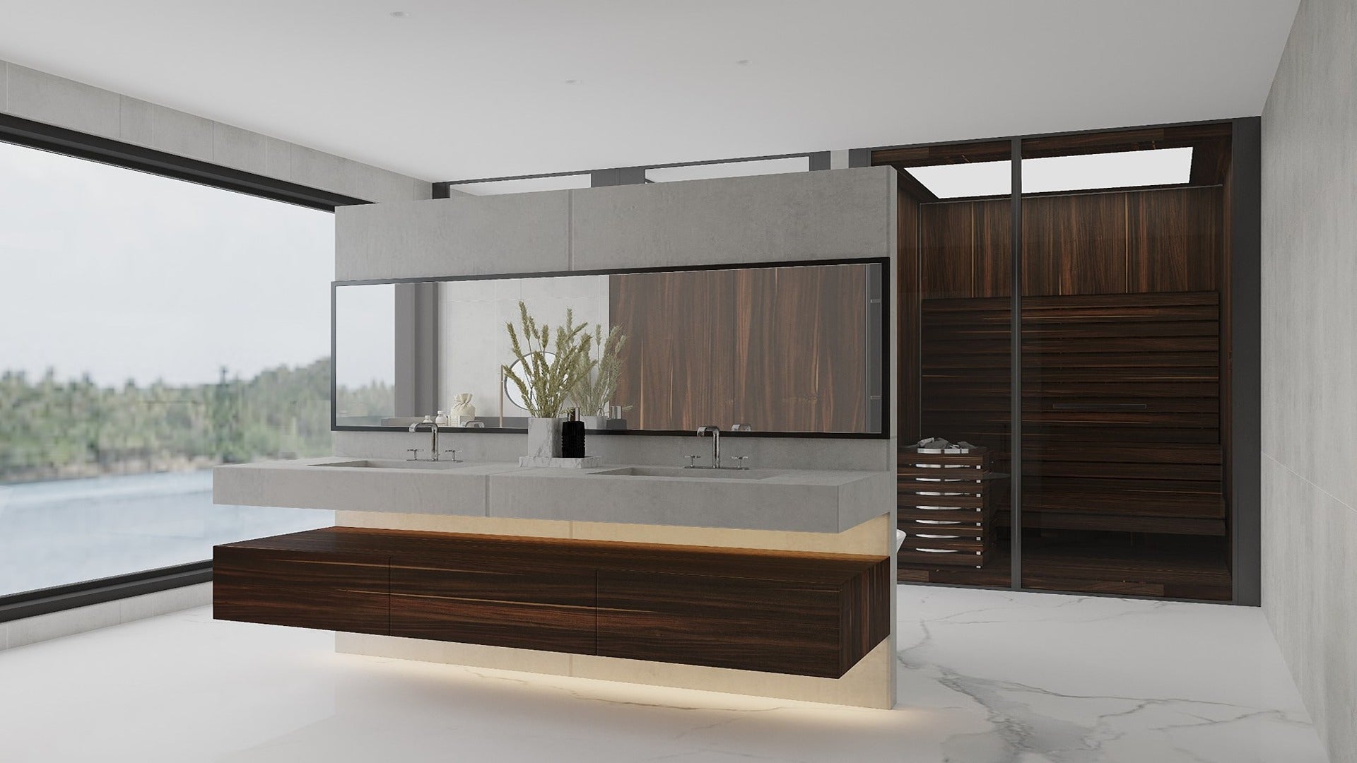 Dark wood laminate with wood grain pattern used in modern bathroom vanity and storage units with matte finish