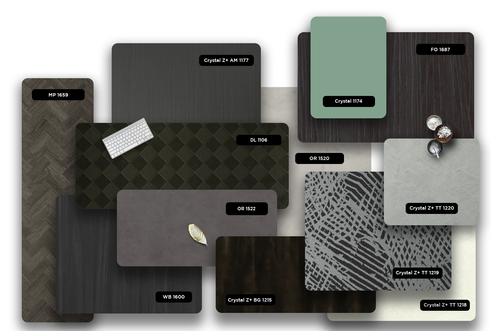 Multi-colored patterned laminate samples with various textures and finishes displayed together showcasing different designs