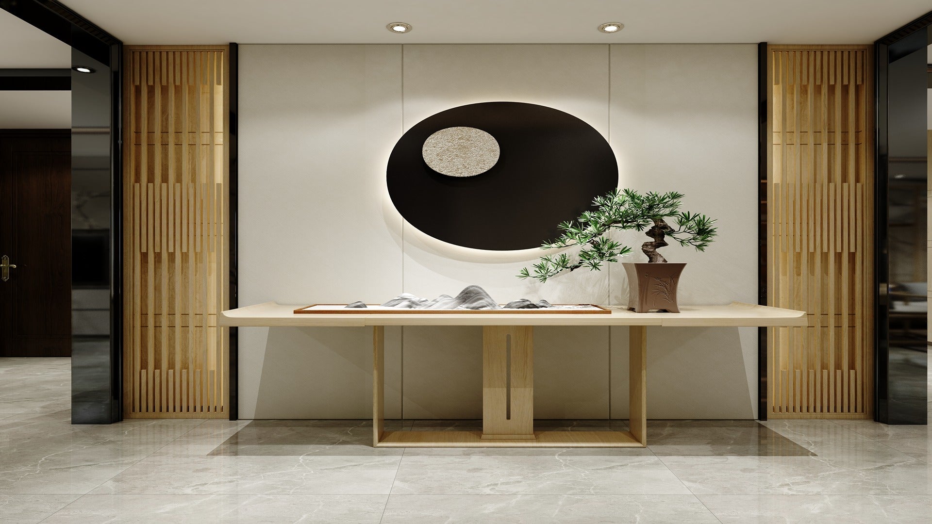 Multi-coloured patterned laminate wall with wooden slats and console table in modern interior setting with minimalist decor.