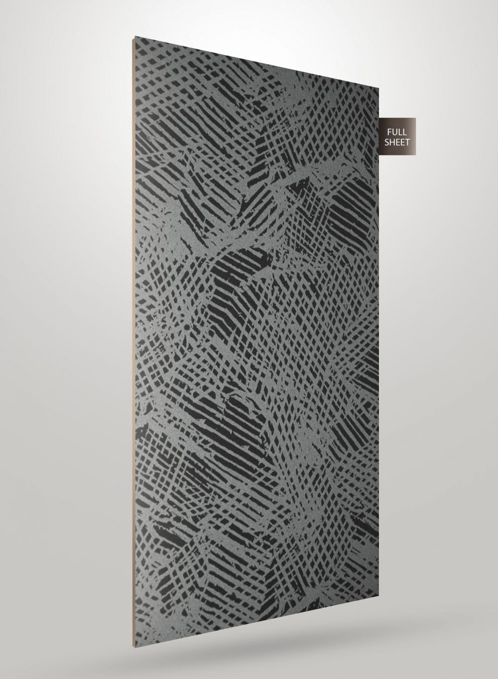 Grey patterned laminate sheet with abstract design and matte finish, displaying textured surface and full sheet label.
