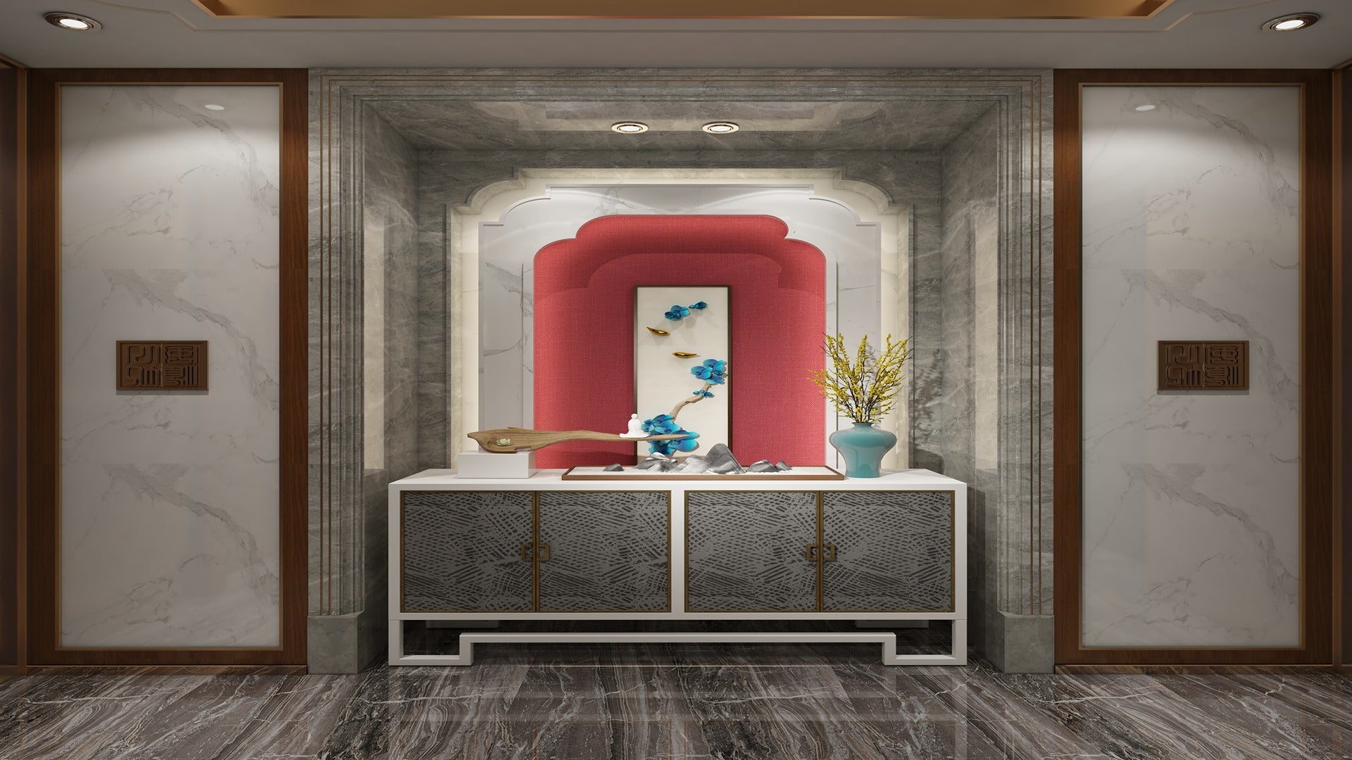 Grey marble patterned laminate wall with matte finish in a modern interior design setting with decorative furniture and